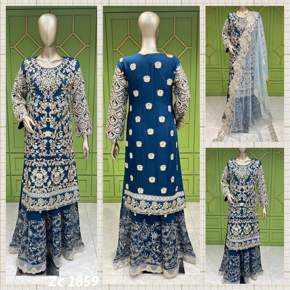 Embroidered Blue and Gold Dress with Sheer Overlay
